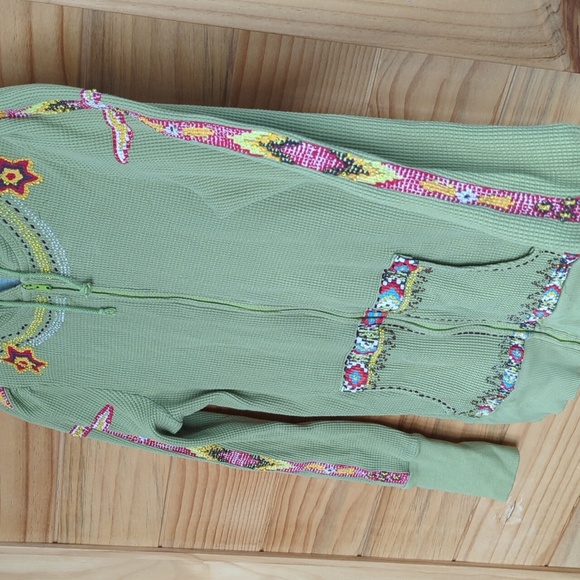 Free People Thermal Embriored Green Zip Up Hoodie Sz M - Picture 6 of 11